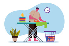 Man Ironing Clothes, Outwork Activity, Flat Illustration