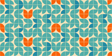 Mid Century Modern Style Seamless Vector Pattern With Geometric Floral Shapes Colored In Orange, Green Turquoise And Aqua Blue. Retro Geometrical Pattern Sixties Style.