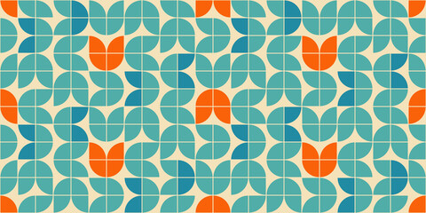 Mid century modern style seamless vector pattern with geometric floral shapes colored in orange, green turquoise and aqua blue. Retro geometrical pattern sixties style.