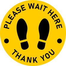 Please Wait Here Thank You Social Distancing Round Floor Marking Sticker Icon Mit Text Und Shoeprints. Vector Image. 
