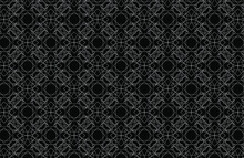 White Complex Outline Made Of Interconnecting Lines And Shapes Makes An Intricate Repeating Pattern On A Black Background, Vector Illustration Geometric Design