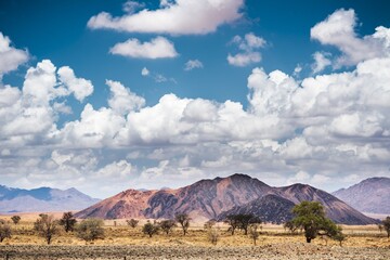 Sticker - Horizontal shot of landscape at the Namib desert in Namibia under the blue sky and white clouds