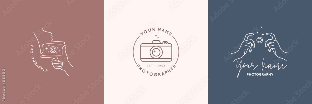 Linear logo of the photographer. Women's Hands hold the camera shutter. Vector logol for a photo Studio - obrazy, fototapety, plakaty 