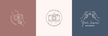Linear Logo Of The Photographer. Women's Hands Hold The Camera Shutter. Vector Logol For A Photo Studio