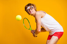 Portrait Of His He Nice Funky Motivated Successful Guy Playing Court Tennis Serving Hit Intense Physical Practicing Isolated Over Bright Vivid Shine Vibrant Yellow Color Background