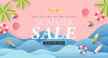 Summer Sale Design With Paper Cut Tropical Beach Bright Color Background Layout Banners .Paper Art Concept.voucher Discount.Vector Illustration Template.