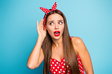 Sticker - Close-up portrait of nice-looking attractive lovely pretty cute charming worried straight-haired girl listening overhear advice isolated over bright vivid shine vibrant blue color background