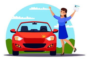 Happy woman with driver license stand near car