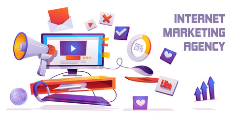 Poster - internet marketing agency banner. digital business, online advertising, automation technology, seo o