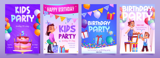Kids birthday party invitation banners. Girl receive gift from boy. Little child in festive hat hold present with confetti and garlands around. Children event celebration flyer, Cartoon vector posters