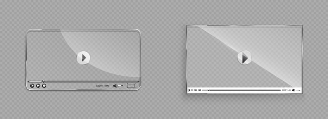 Poster - Glass video player interface, transparent window with play, rewind,stop, pause and volume buttons. Screen mockup for web design, audio multimedia application panel, Realistic 3d vector illustration