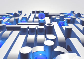 Poster - White industrial or technology abstraction with shiny blue balls and connection pipes. 3D illustration