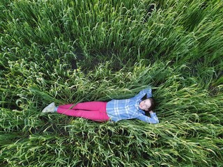 a teenage girl lies in the green grass at sunset, top view, walking and unity with nature