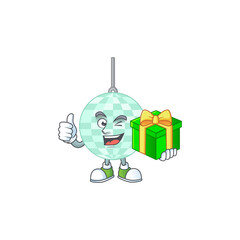 Poster - Happy smiley disco ball cartoon mascot design with a gift box