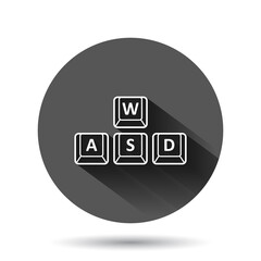 Wasd button icon in flat style. Keyboard vector illustration on black round background with long shadow effect. Cybersport circle button business concept.