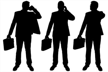 Wall Mural - Man in a business suit stands still. Front view, full face. Businessman with a briefcase in hands and a mobile phone. Negotiating. Talking. Three black silhouettes isolated on a white background.