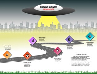 Leinwandbilder - Vector template infographic Timeline of business operations with flags and placeholders on curved roads. Symbols, steps for successful business planning Suitable for advertising and presentations.