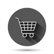 © Lysenko.A - Shopping cart icon in flat style. Trolley vector illustration on black round background with long shadow effect. Basket circle button business concept.