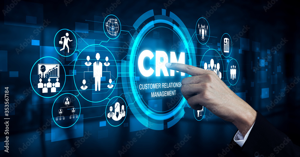 CRM Customer Relationship Management for business sales marketing system concept presented in futuristic graphic interface of service application to support CRM database analysis. - obrazy, fototapety, plakaty 