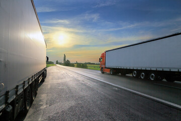 White truck transport on the road at sunset and cargo