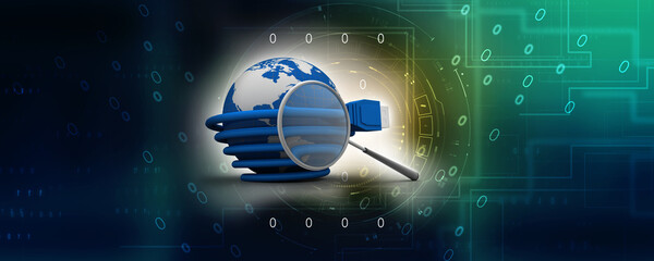 Poster - 3d rendering Network connection, internet communication and computer technology concept, closeup view of curved ethernet cable plug connector search concept