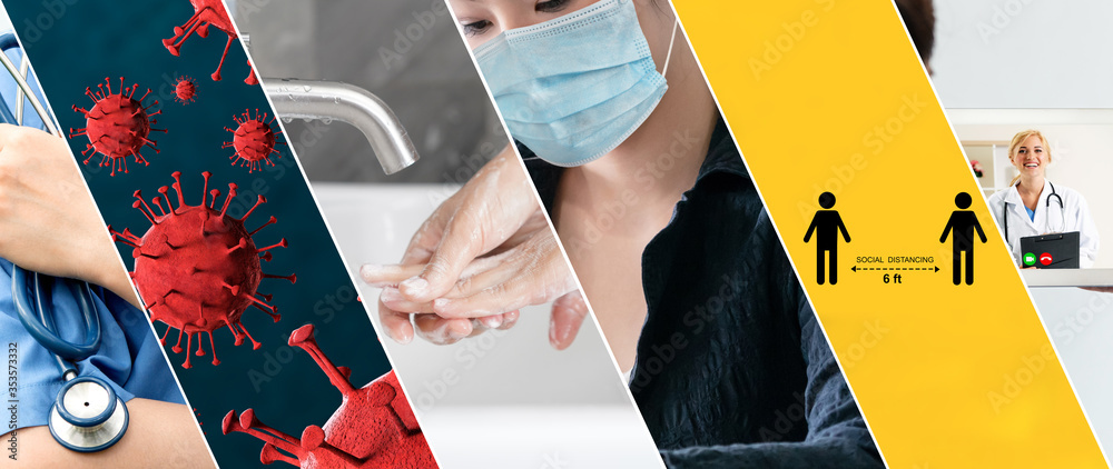 Coronavirus COVID-19 image set banner in concept of prevention information including safety precaution and doctor service to prevent spreading infection of covid-19 or 2019 Coronavirus Disease. - obrazy, fototapety, plakaty 