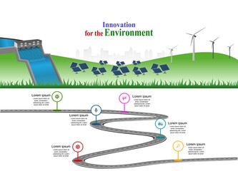 Leinwandbilder - Vector template infographic Timeline of business operations with flags and placeholders on curved roads. Symbols, steps for successful business planning Suitable for advertising and presentations.