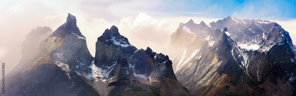 A panorama of Los Cuernos range in Torres del Paine national park, Patagonia, Chile. - obrazy, fototapety, plakaty 