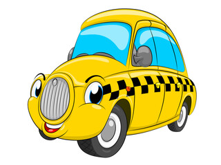 Wall Mural - Funny cartoon taxi car. A yellow car on a white background. Cartoon character.