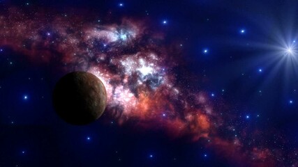 Wall Mural - Planet Flying in the Depths of Space. Brown planet flies to meet a bright nebula. Bright blue stars shine on the sky.