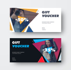 Aufkleber - Vector gift card template with triangles and photos, white, black voucher 25, 50%, with illustration, with realistic shadows.