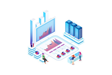 Modern Isometric People interacting with charts and analyzing statistics. Data visualization concept. 3d isometric vector illustration.