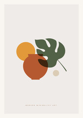 Fototapete - Trendy composition exotic leaves and abstract vases for home decor, greeting card designs, invitation. Modern art. Minimalist shapes in pastel colors on light isolated background. Vector illustration.