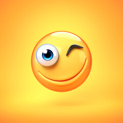 Wall Mural - Winking emoji isolated on yellow background, smiling face emoticon 3d rendering