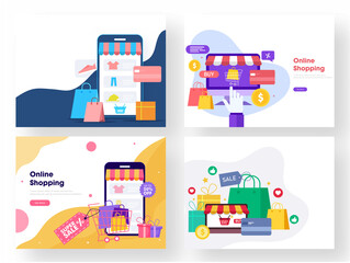 Poster - Online Shopping App in Smartphone and Desktop, Carry Bags, Payment Card, Gift Boxes with Sale Tag on Abstract Background.