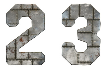 Set of numbers 2, 3 made of industrial metal on white background 3d