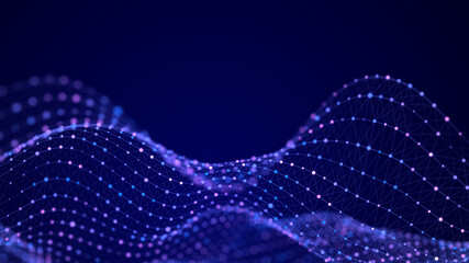 Poster - Color music sound wave. Digital dynamic wave of particles. Technology dots background. 3D rendering.