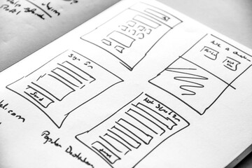 screen designs drawn and wireframes to the book