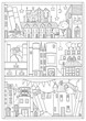 Magical bookshelf or bookcase with houses, trees, books and flags. Coloring page. Hand drawn illustration.