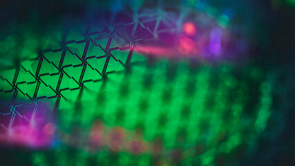 Poster - abstract composition small mesh structure dark on the background neon spots blurred image, 3d rendering