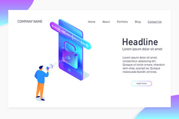 Landing page template with isometric concept, man unlock phone by voice, website main page