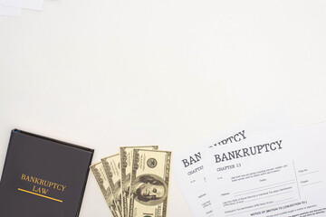 Wall Mural - top view of bankruptcy papers, law book and money on white background