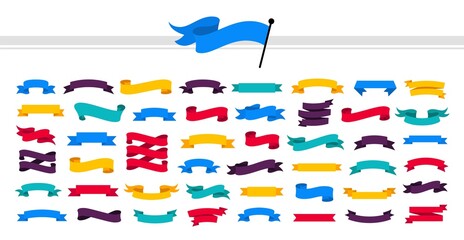 Poster - Multicolored ribbons set. Modern flat ribbons of different shapes. Ribbon banner collection. Abstract color elements.