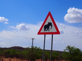 A traffic sign with a picture of an elephant, Opuwo, Namibia