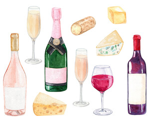 watercolor wine bottles and cheese set isolated on white background. Champagne and winery clip art. For cafe menu design, posters, restaurant decoration, invitation, bachelorette party