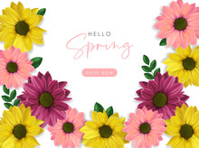 Hello Spring, Realistic Colored Flowers, Weeding Card, Spring Invitation, Sale Shop Banner, Elegant Background, Vector Illustration