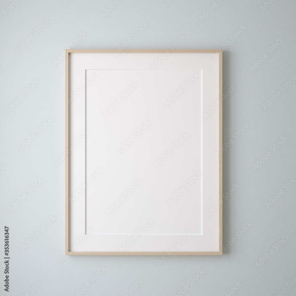 Mockup poster frame close up on wall painted pastel blue color, 3d render - obrazy, fototapety, plakaty 
