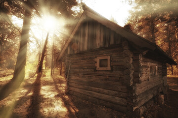 outdoor activities tourism, holiday house in a pine forest, summer landscape sunny day nature north