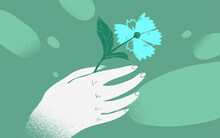 Beautiful Vector Illustration With Human Hand Holding Blue Flower. Nice Digital Background. Cornflower In A Hand. Modern Graphic.