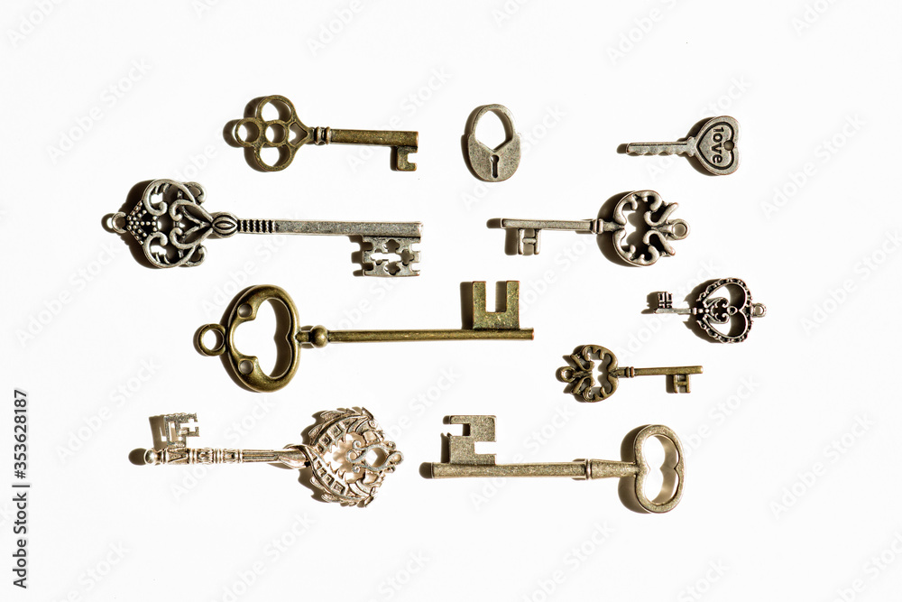 Multiple vintage keys isolated on white background. Image of old ...
